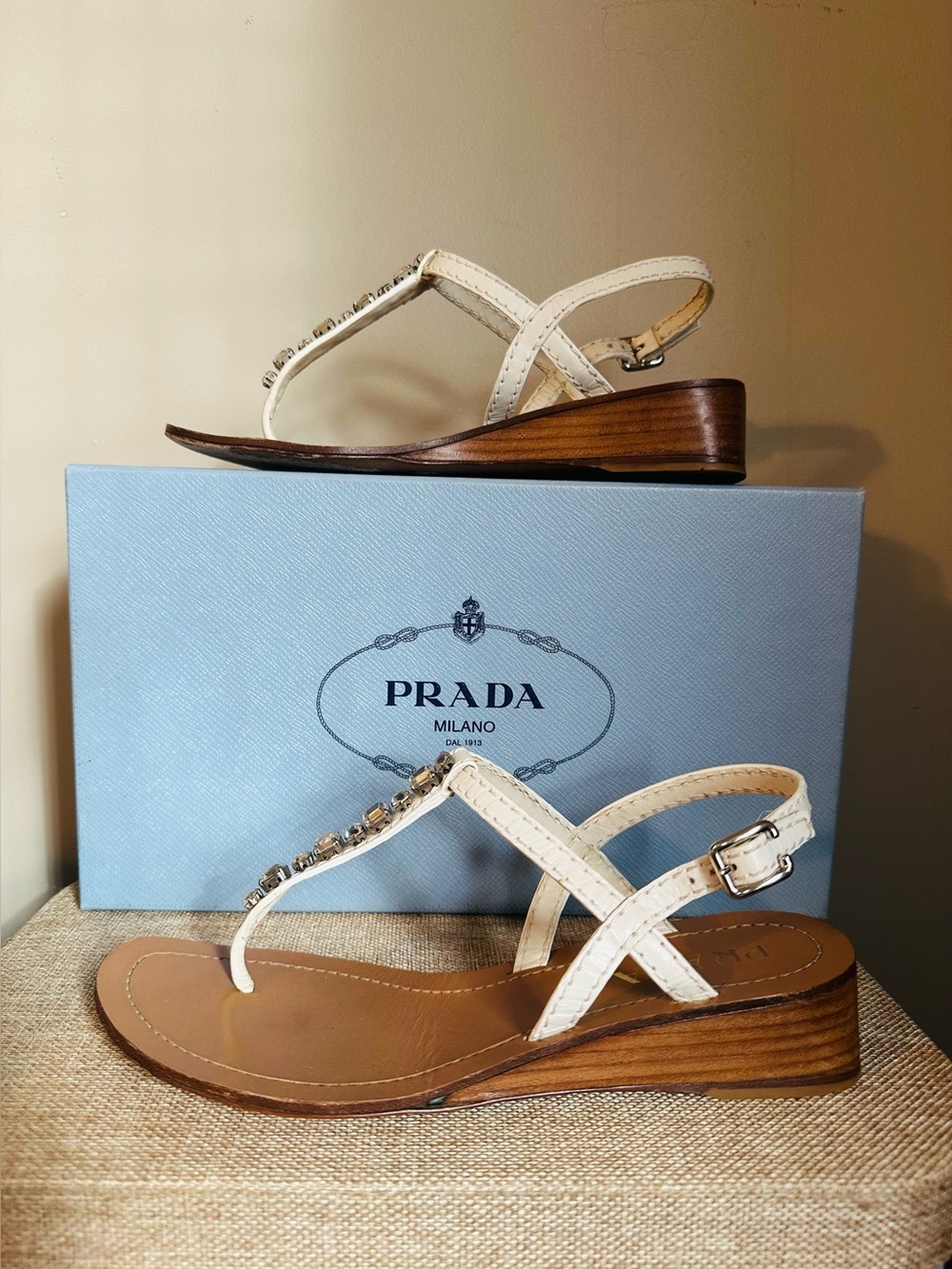 Prada / Swarovski Crystal White Leather Thong Wedge Sandals - 36.5/6.5